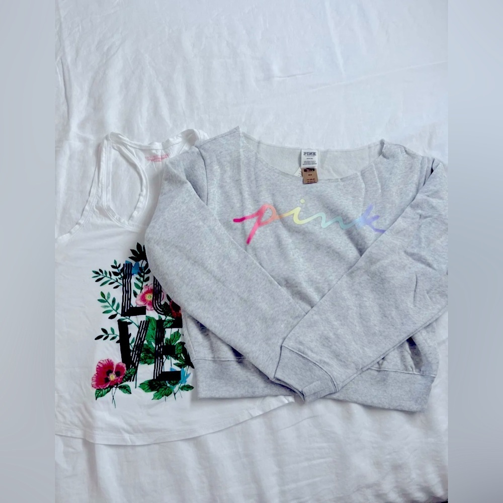 NEW 🛍️  Victoria’s Secret VS PINK Gray Off Shoulder Sweater & Tank Top Medium M
